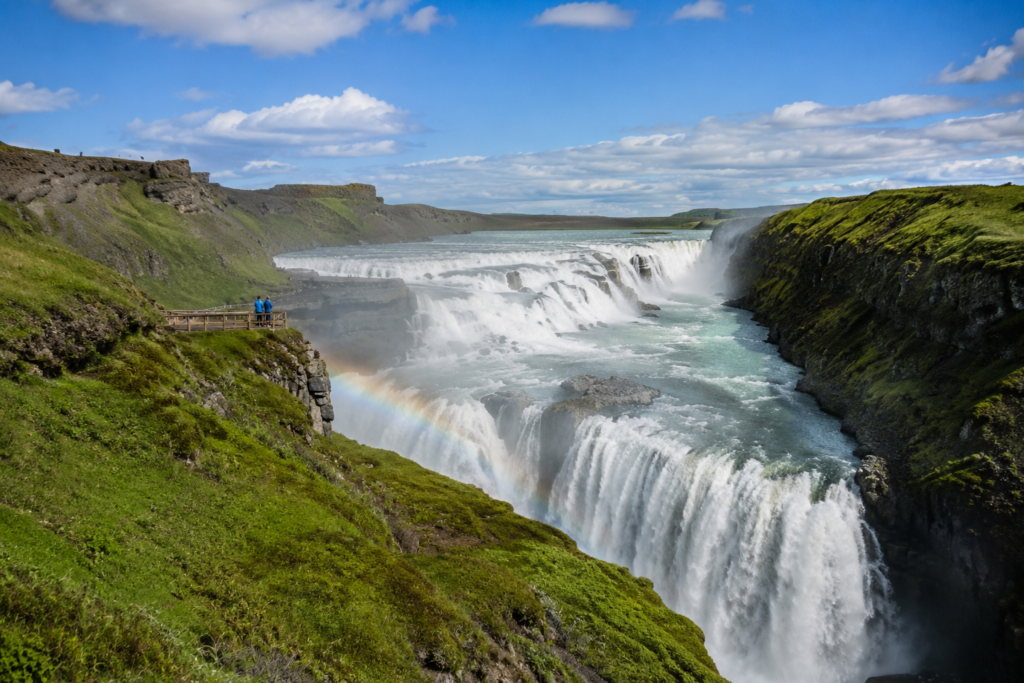 Gullfoss waterfall dropping into a canyon on Iceland's Golden Circle route