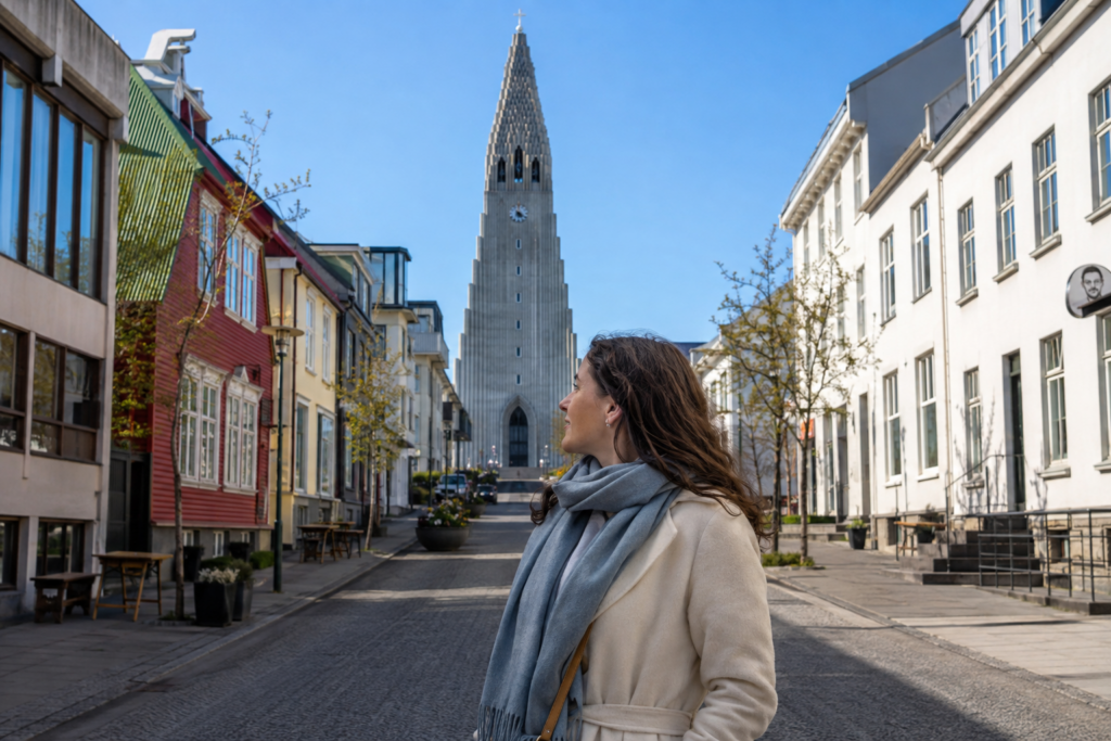 Woman in a cream coat walking a Reykjavík street with Hallgrímskirkja church tower behind her