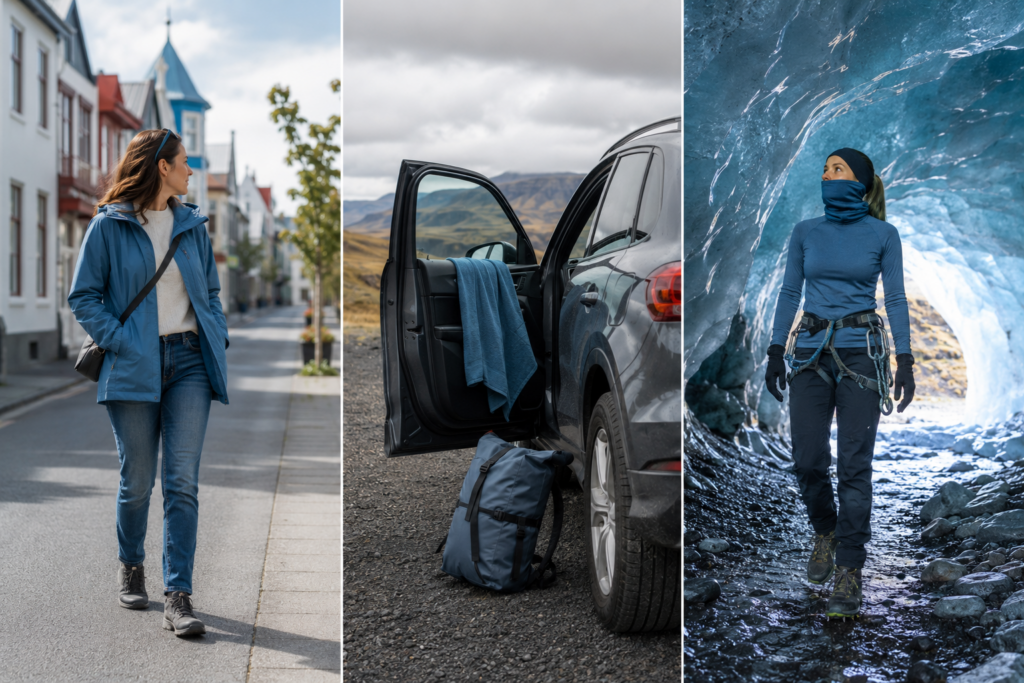 Three-panel collage of Iceland outfits for city days, road trip days, and glacier days