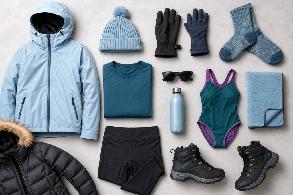 Flat lay of Iceland capsule wardrobe packing list items including shell jacket, boots, and base layers