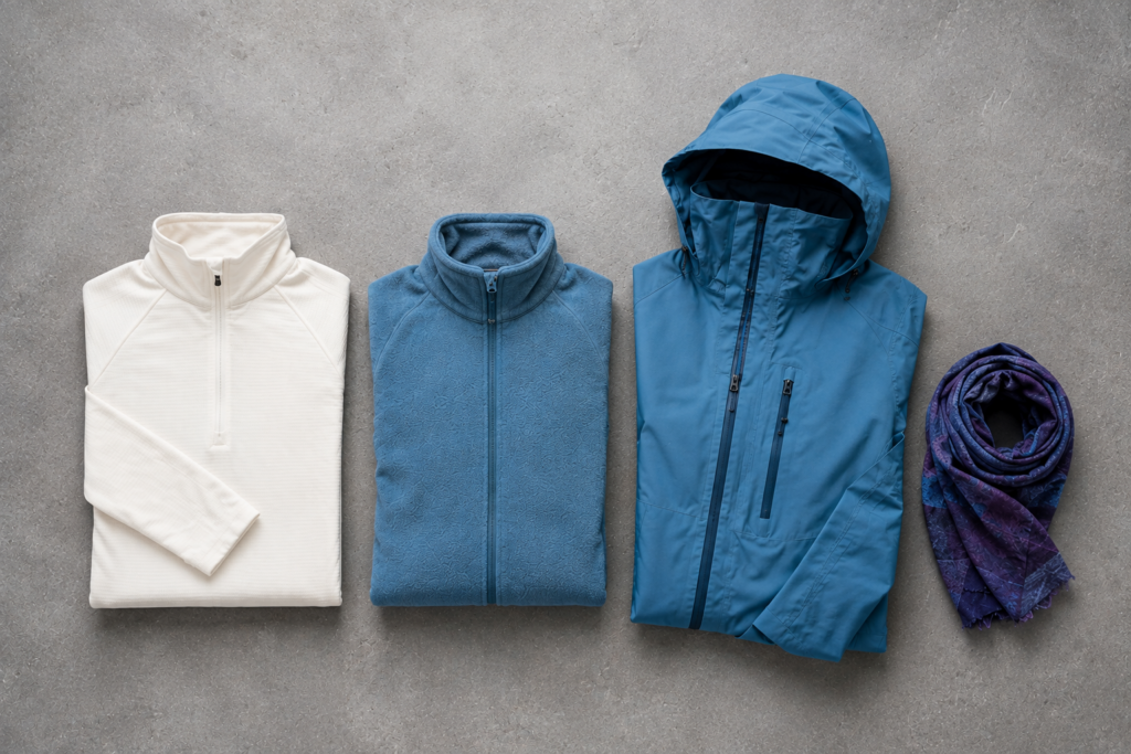 Flat lay of a merino base layer, fleece mid layer, and waterproof shell for Iceland