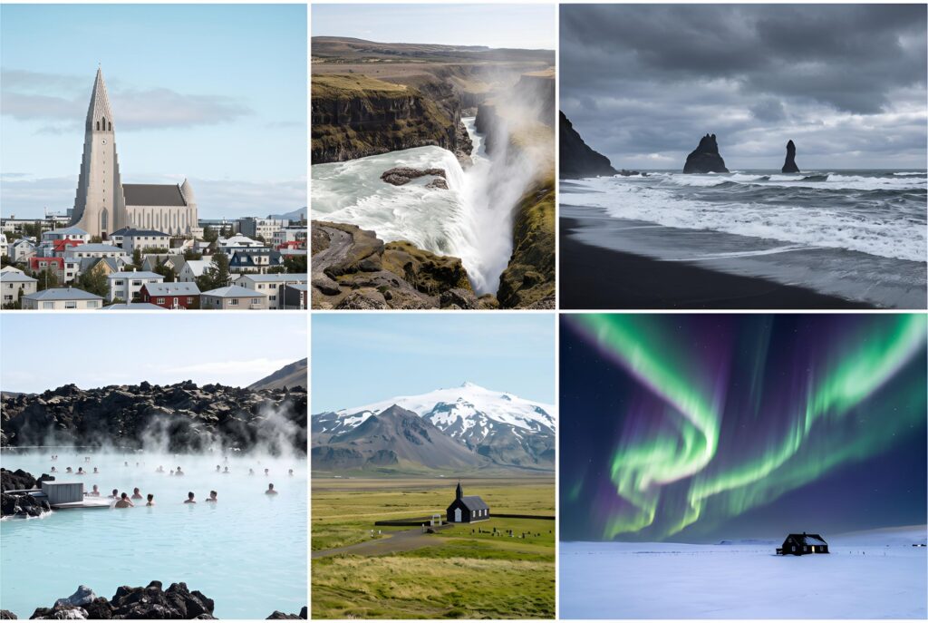 Collage of Iceland showing Hallgrímskirkja, Gullfoss waterfall, Reynisfjara black sand beach, a geothermal lagoon, Snæfellsnes Peninsula, and the Northern Lights