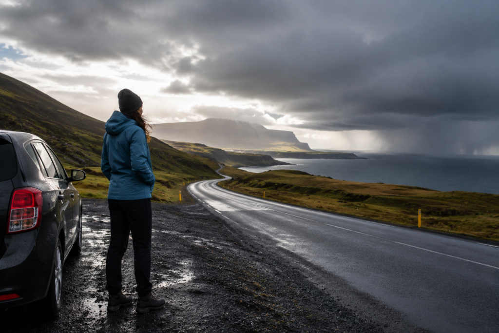 Traveler in a waterproof shell on Iceland's Ring Road with a dramatic changing sky