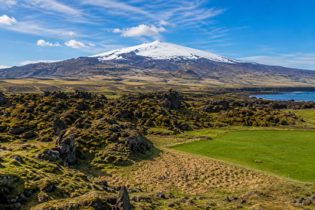Snæfellsjökull glacier-topped volcano seen across the peninsula's lava fields