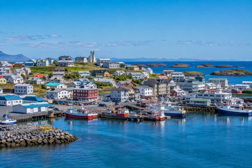 Colorful houses and fishing boats in Stykkishólmur harbor