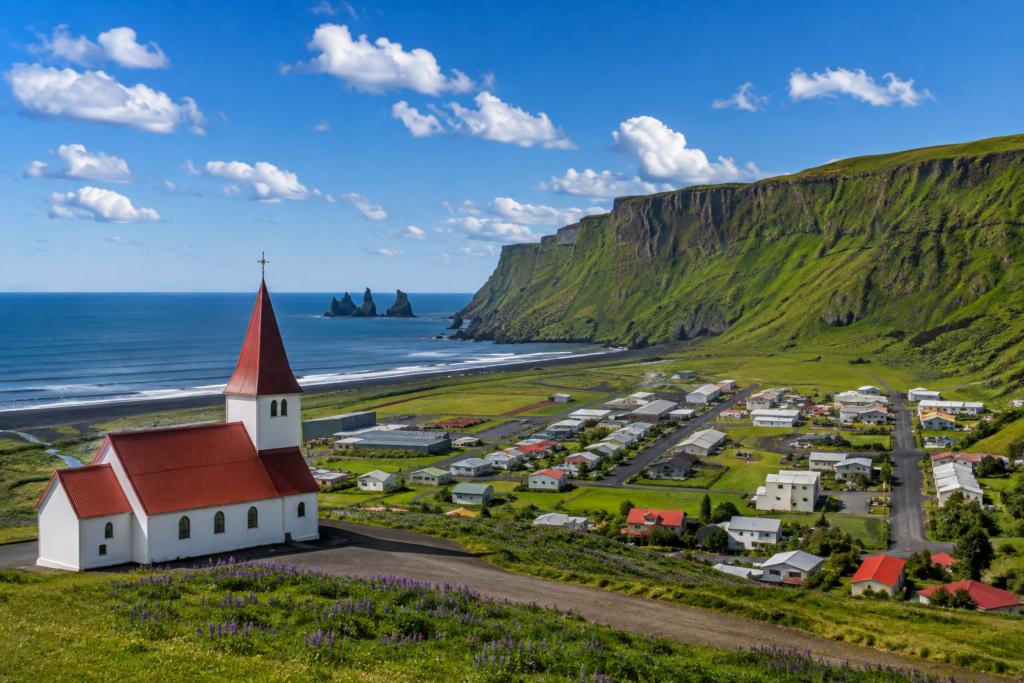 Vik i Myrdal village with red-roofed church overlooking the black sand coastline