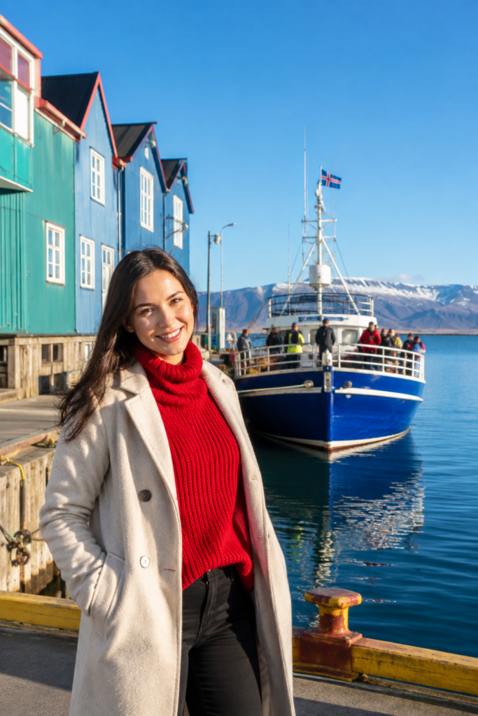 Woman walking along Reykjavik's Old Harbour pier with a whale watching boat in the background