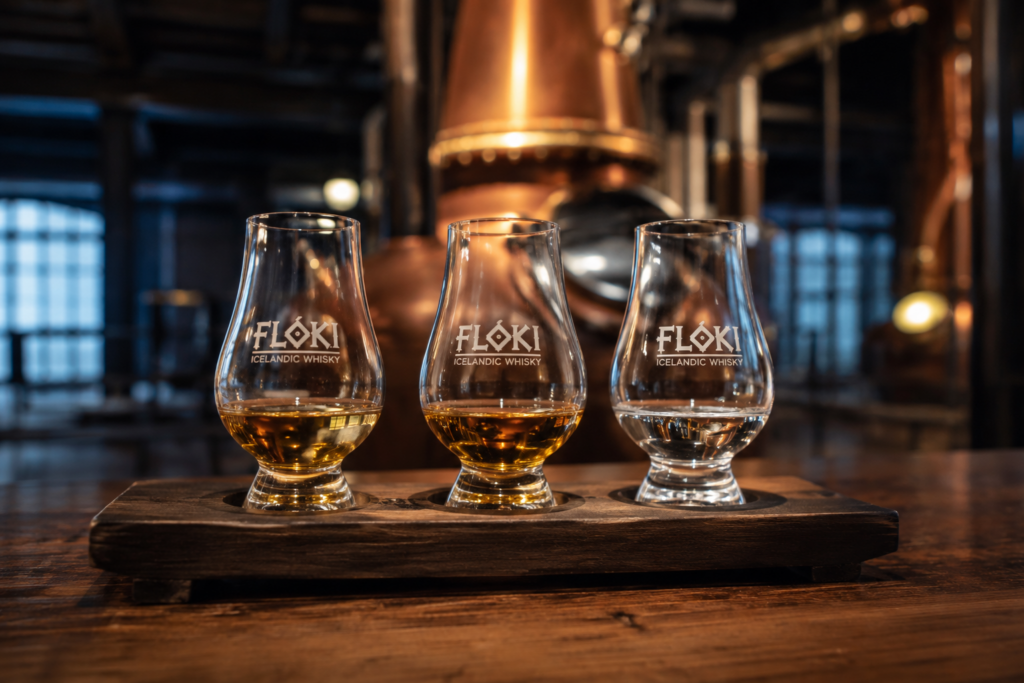 Whisky tasting flight at Eimverk Distillery near Reykjavik