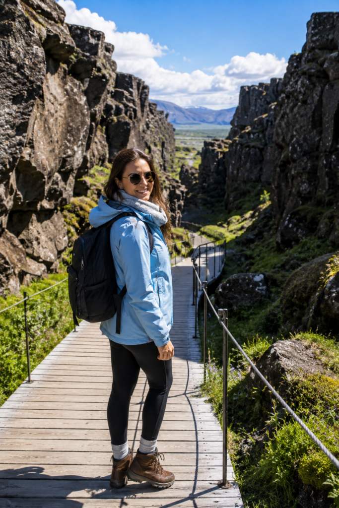 Woman walking Þingvellir National Park Golden Circle Iceland